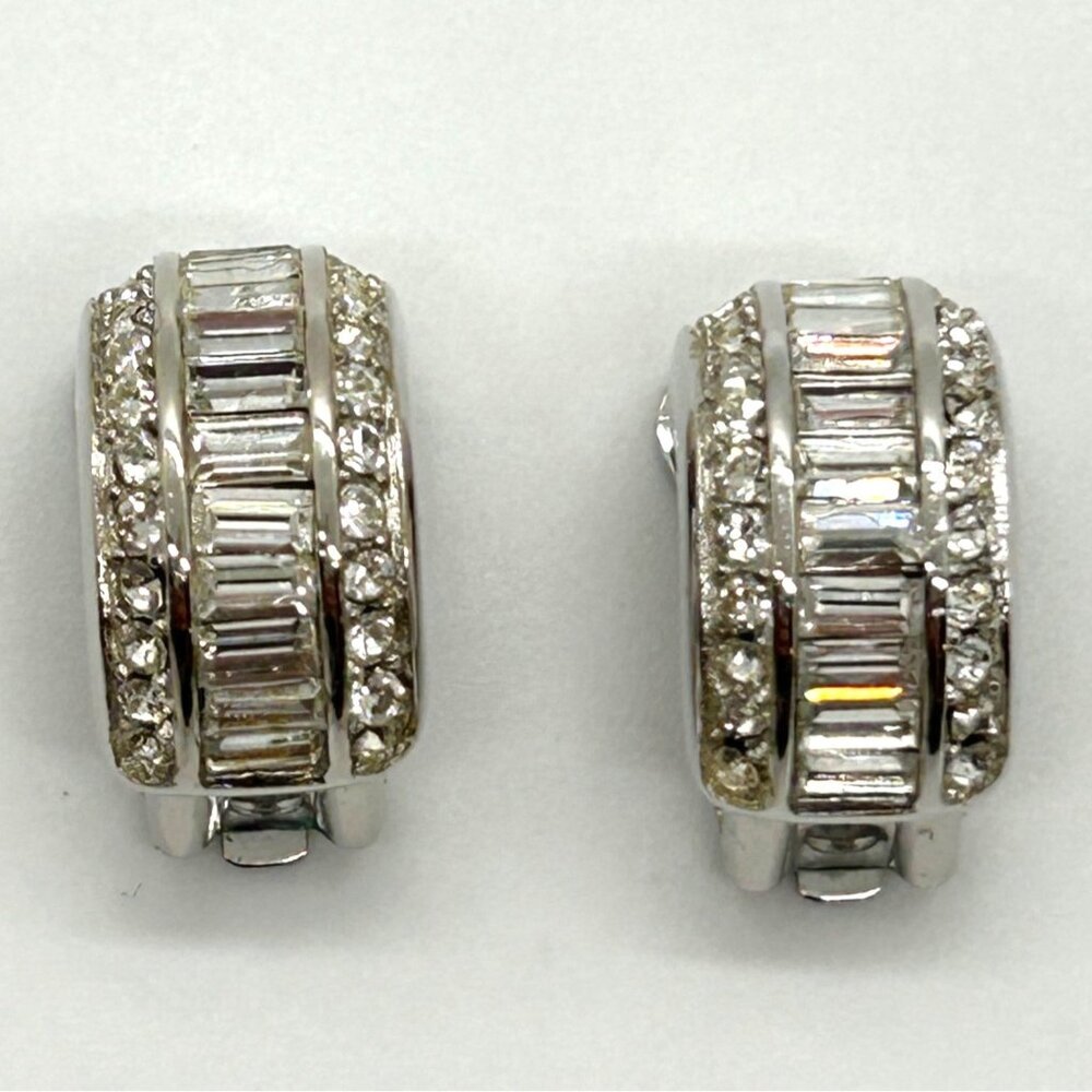 Christian Dior Vintage Clip-On Earrings With Rhinestones & Silver-Tone Metal - Picture 2 of 16